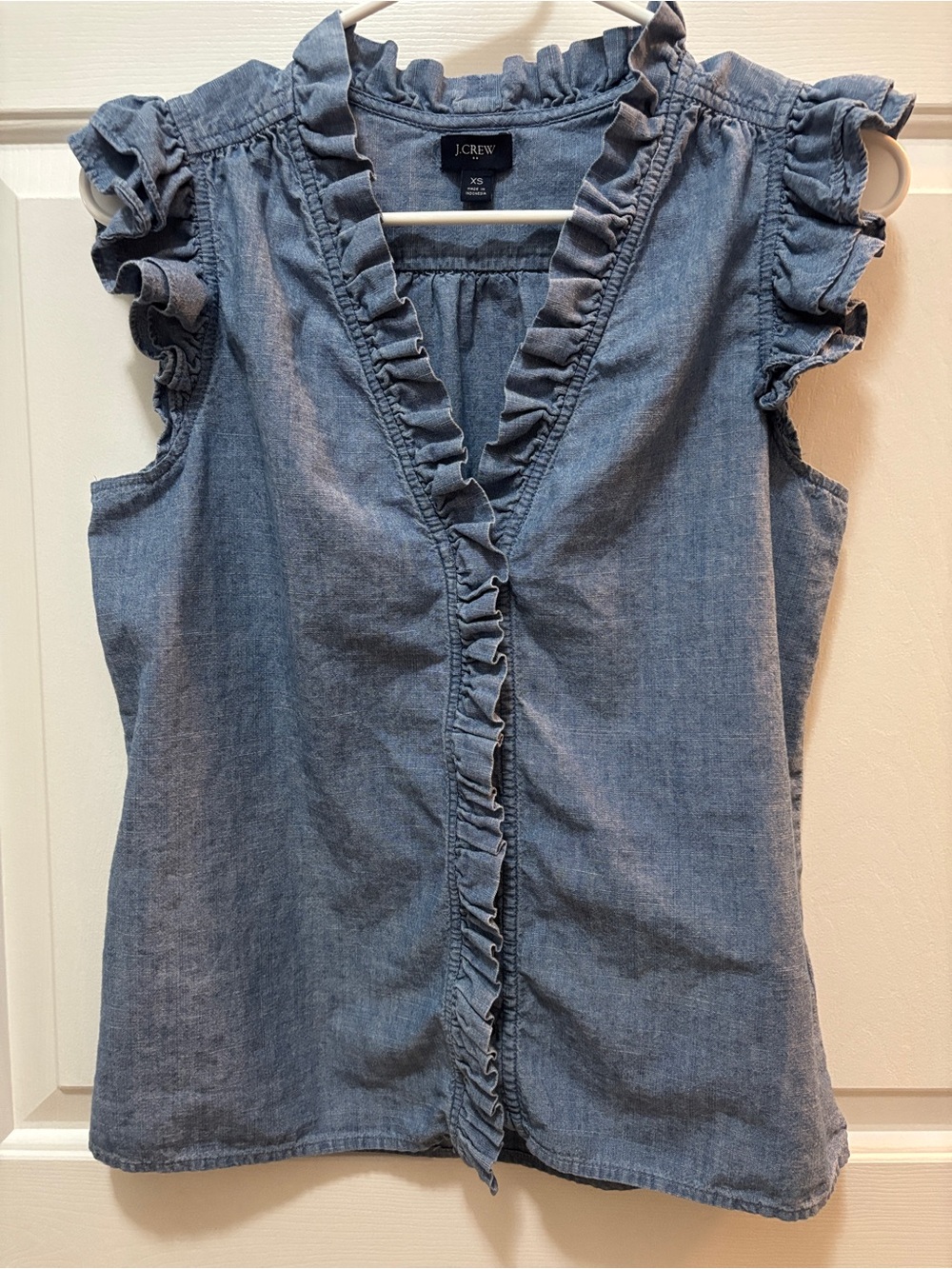 J. Crew Chambray Ruffle-Trim Sleeveless Top in Blue EUC
